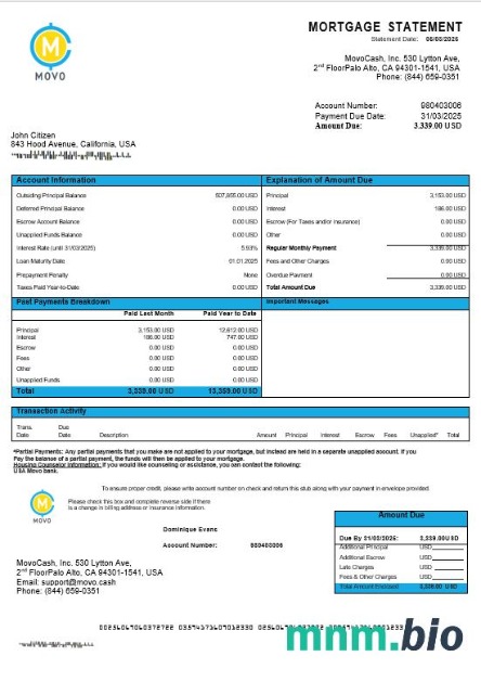 USA MOVO Bank wyciąg z kredytu hipotecznego w formatach Word i PDF